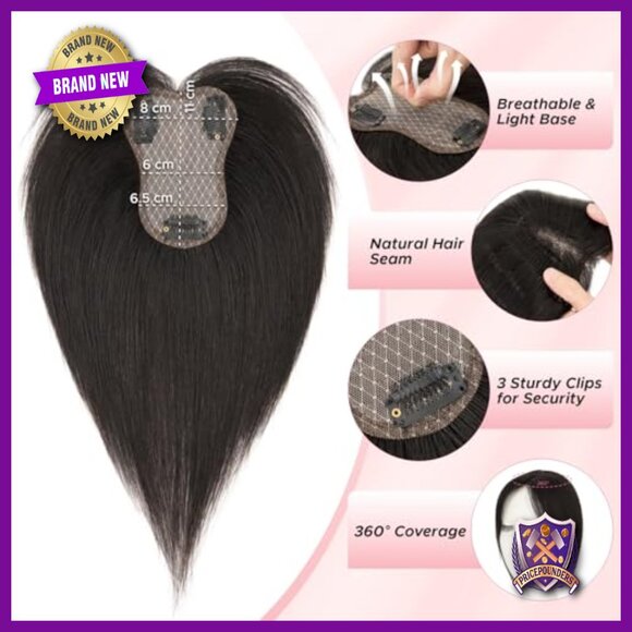 Human Hair Topper with Side Bangs 10 Inch Lightweight Lace Base Clip In